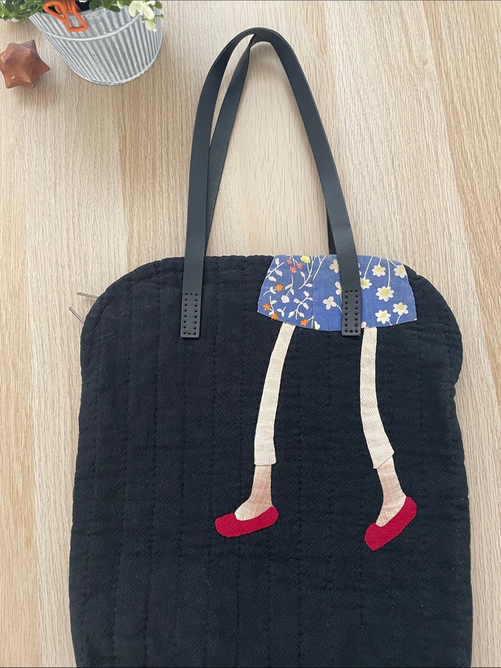 One-of-a-Kind Quilted Tote with Colorful Floral Doll Appliqué